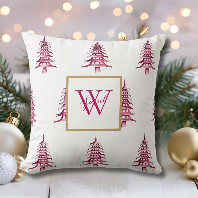 Red Pagoda Christmas Tree Monogrammed Pattern  Throw Pillow (Red Pagoda Christmas Tree Monogrammed Pattern Throw Pillow)