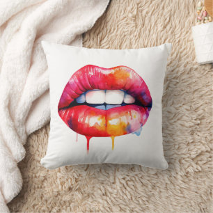 red painted female lips watercolor  throw pillow