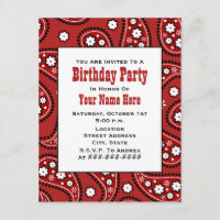 Red Paisley Bandana Inspired Birthday Invitation