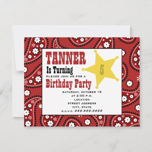 Red Paisley Bandana Kids Cowboy Birthday Invite (Front)