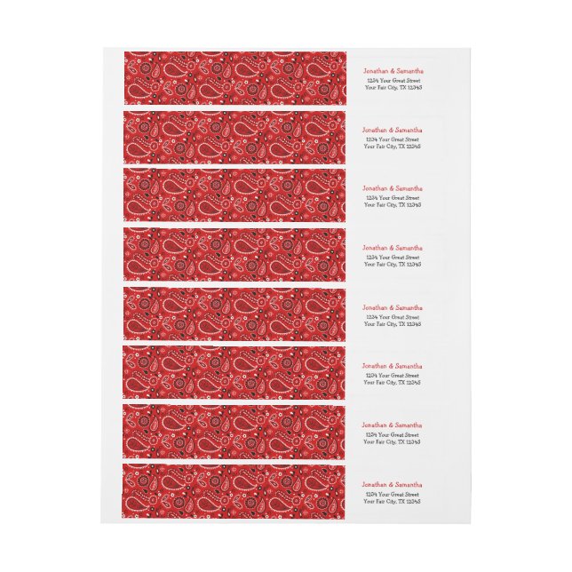 Red Paisley Bandana Print Wraparound Address Label (Sheet)