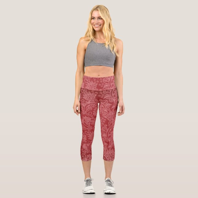 Red Paisley Damask Designer Floral Classic Capri Leggings (Front)
