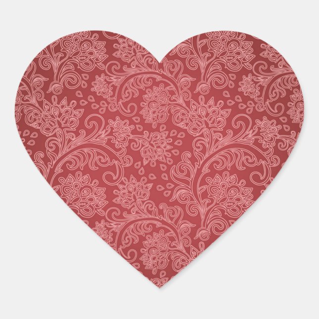 Red Paisley Damask Designer Floral Classic Heart Sticker (Front)