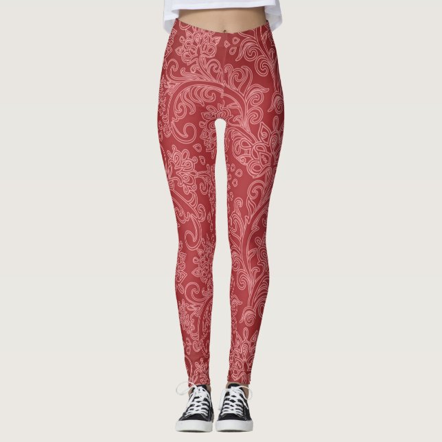 Red Paisley Damask Designer Floral Classic Leggings (Front)