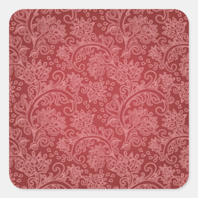 Red Paisley Damask Designer Floral Classic Square Sticker (Front)