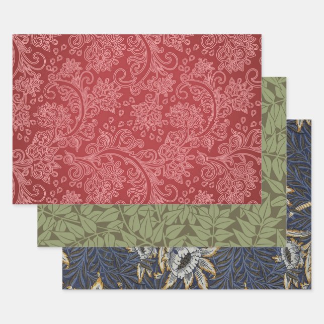 Red Paisley Damask Designer Floral Classic Wrapping Paper Sheet (Set)