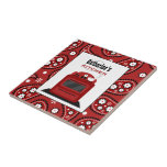 Red Paisley & Retro Stove Kitchen Tile<br><div class="desc">A kitchen tile featuring an illustration of a retro red stove over a background of red paisley. Personalize with your name.</div>