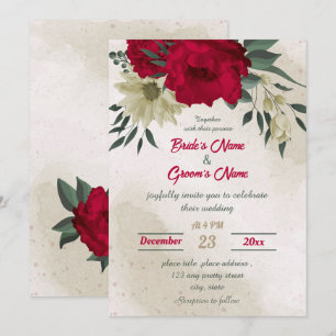 red pale yellow flowers botanical wedding  invitation