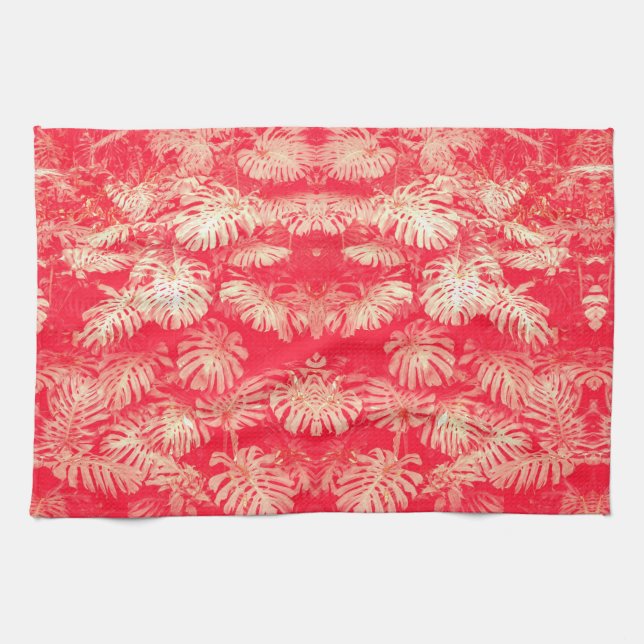 Red Palm Leaves Pattern Kitchen Towel (Horizontal)