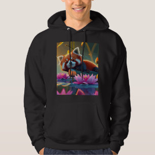 Red pand laying on a log in lotus pond hoodie