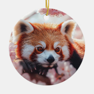 Red Panda Among Cherry Blossoms Ceramic Ornament