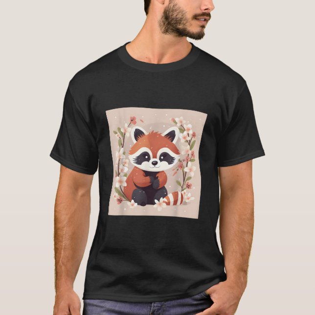 Red Panda And Cherry Blossom Illustration Sweet Wa T-Shirt (Front)