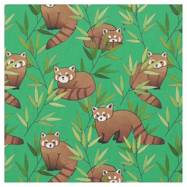 Red Panda & Bamboo Leaves Pattern Fabric (Close Up)