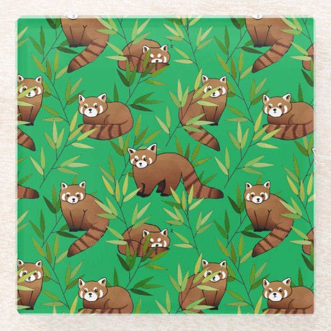 Red Panda & Bamboo Leaves Pattern Glass Coaster (Front)