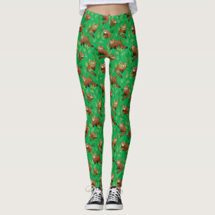 Red Panda & Bamboo Leaves Pattern Leggings