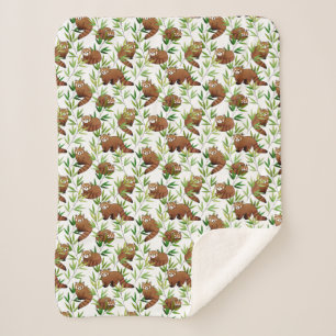 Red Panda & Bamboo Leaves Pattern Sherpa Blanket