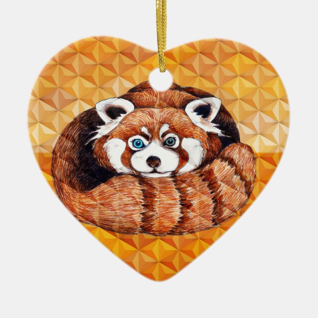 Red Panda Bear On Orange Cubism Ceramic Ornament (Front)