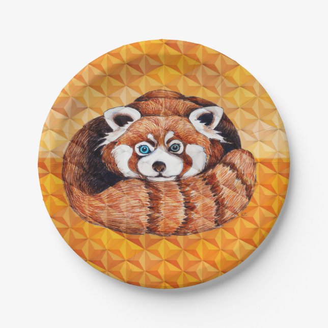 Red Panda Bear On Orange Cubism Paper Plate (Front)
