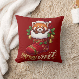Red Panda Christmas Stocking Merry & Bright Throw Pillow