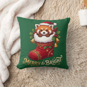Red Panda Christmas Stocking Merry & Bright Throw Pillow