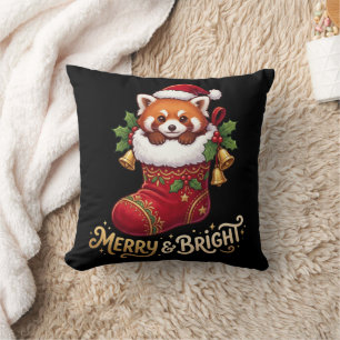 Red Panda Christmas Stocking Merry & Bright Throw Pillow