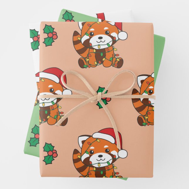 Red Panda Christmas Winter Animals Holiday Pandas Wrapping Paper Sheet (In situ)