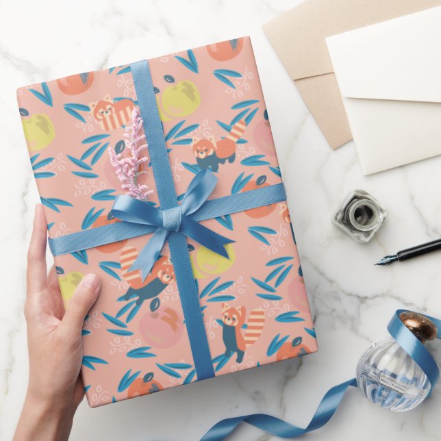 Red Panda Coral Pink Apple Pattern Wrapping Paper (Gifting)