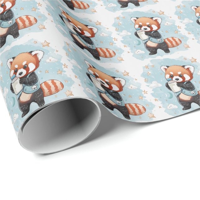 Red Panda Cute Baby Pastel Watercolor Pattern  Wrapping Paper (Roll Corner)
