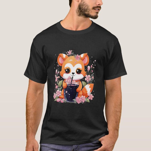 Red Panda Drinks Boba Tea Bubble Cherry Blossom T-Shirt (Front)