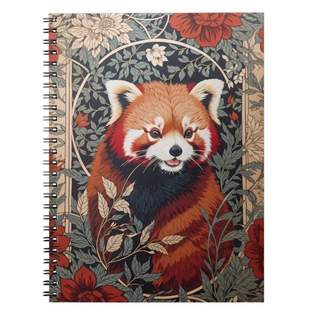 Red Panda Elegant William Morris Inspired Floral Notebook (Front)