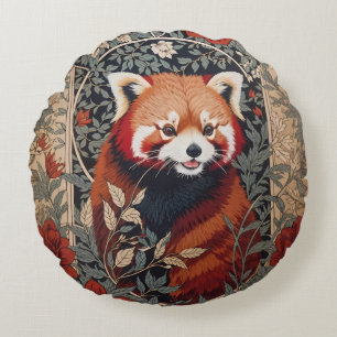 Red Panda Elegant William Morris Inspired Floral Round Pillow