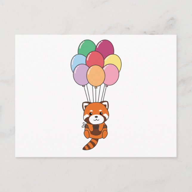 Red Panda Flies Up With Colourful Balloons Postcard (Front)