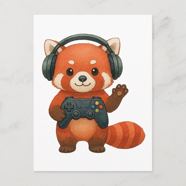 Red Panda Gamer, Gaming Controller & Headphones  Invitation Postcard (Front)