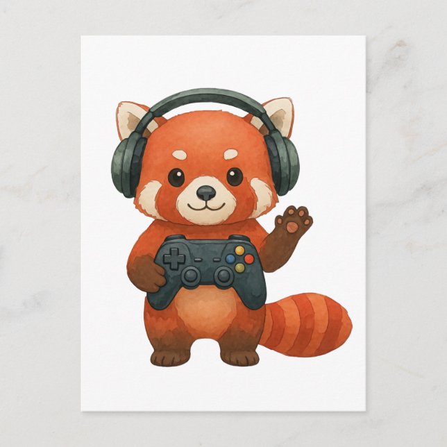 Red Panda Gamer, Gaming Controller & Headphones  Postcard (Front)
