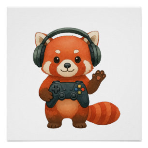 Red Panda Gamer, Gaming Controller & Headphones  Poster