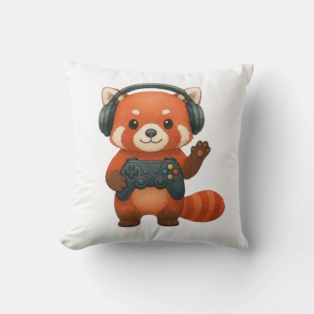 Red Panda Gamer, Gaming Controller & Headphones  Throw Pillow (Front)