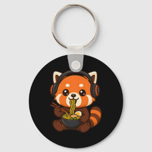 Red Panda Gaming Gamer Eating Ramen  Keychain