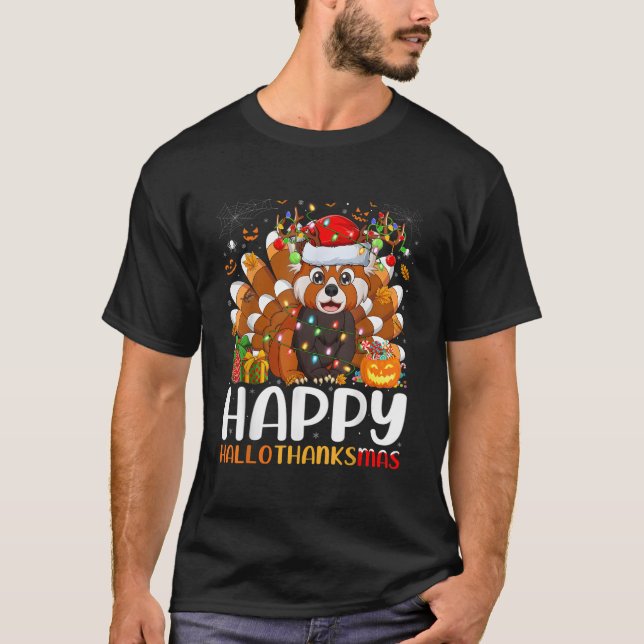 Red Panda Halloween Happy Hallothanksmas T-Shirt (Front)