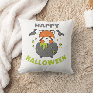 Red Panda Happy Halloween Cauldron Bat Throw Pillow