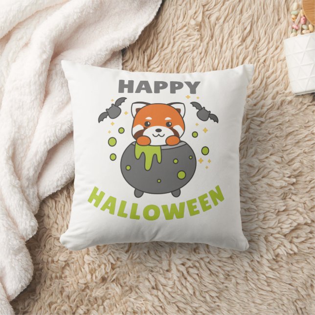 Red Panda Happy Halloween Cauldron Bat Throw Pillow (Blanket)