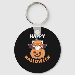 Red Panda Happy Halloween Pumpkin Bat Keychain