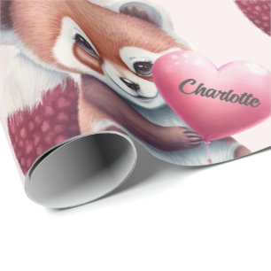 Red Panda Heart Watercolor Add Name Wrapping Paper