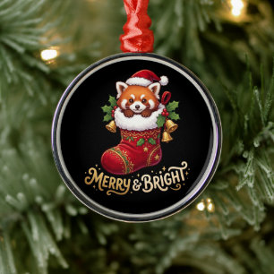 Red Panda in Christmas Stocking Merry & Bright Metal Ornament