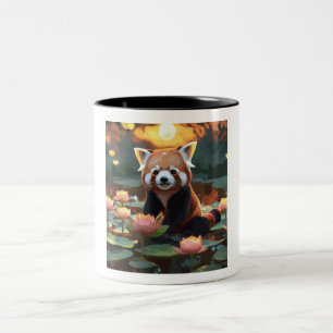 Red panda in lotus pond Two-Tone coffee mug