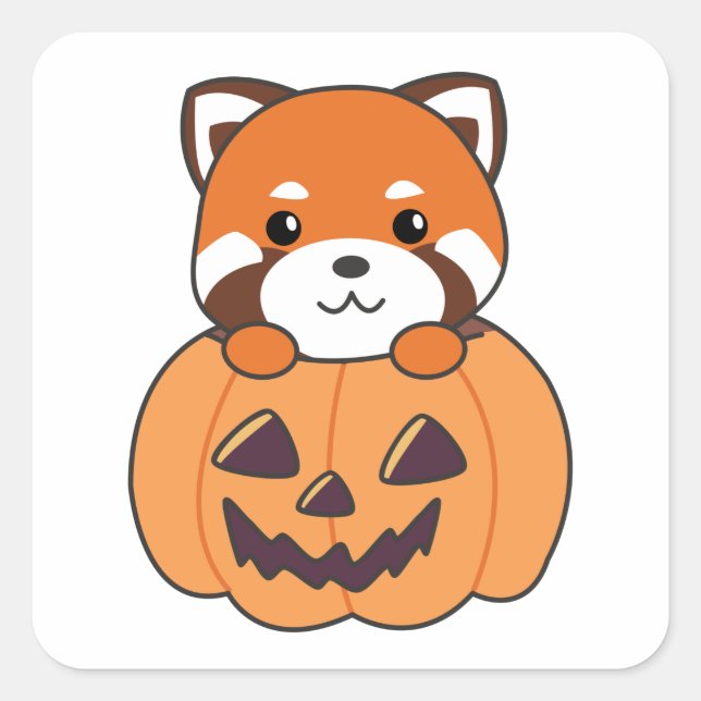 Red Panda In Pumpkin Cute Pandas Happy Halloween S Square Sticker (Front)