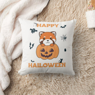 Red Panda In Pumpkin Cute Pandas Happy Halloween Throw Pillow