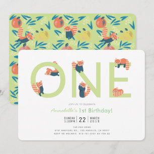 Red Panda Light Green 1er anniversaire Invitation