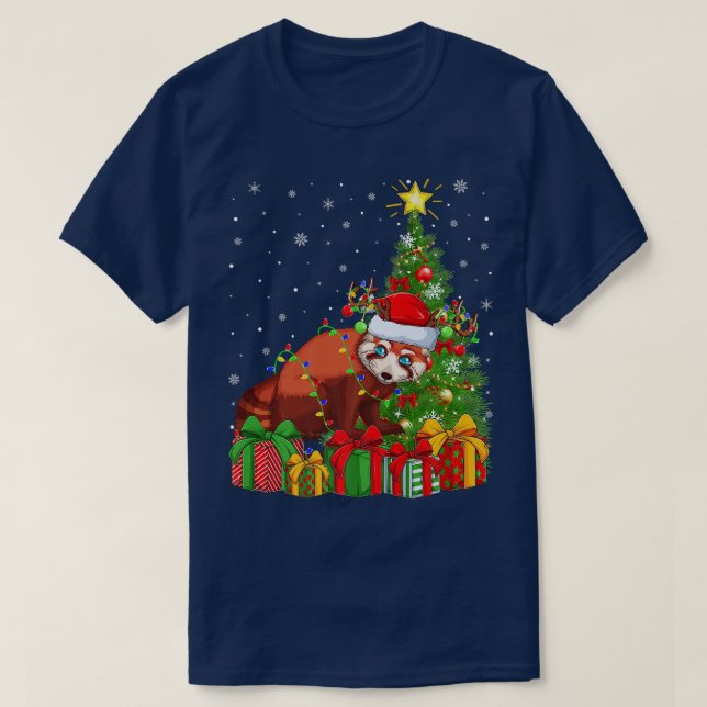 Red Panda Lighting Xmas Tree Santa Hat Red Panda C T-Shirt (Design Front)
