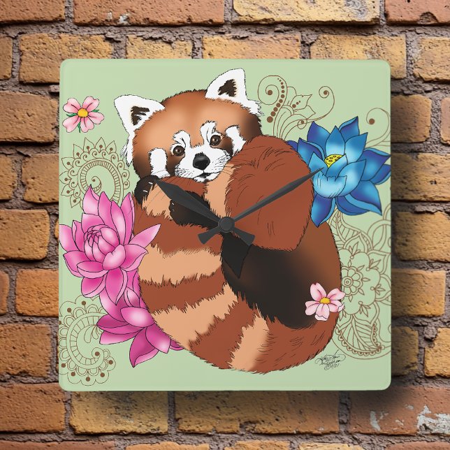 Red Panda Lotus Flowers Henna Square Wall Clock (Creator Uploaded)