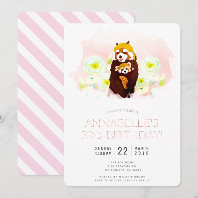 'Red Panda' Pink Floral Girl Birthday Invitation (Front/Back)
